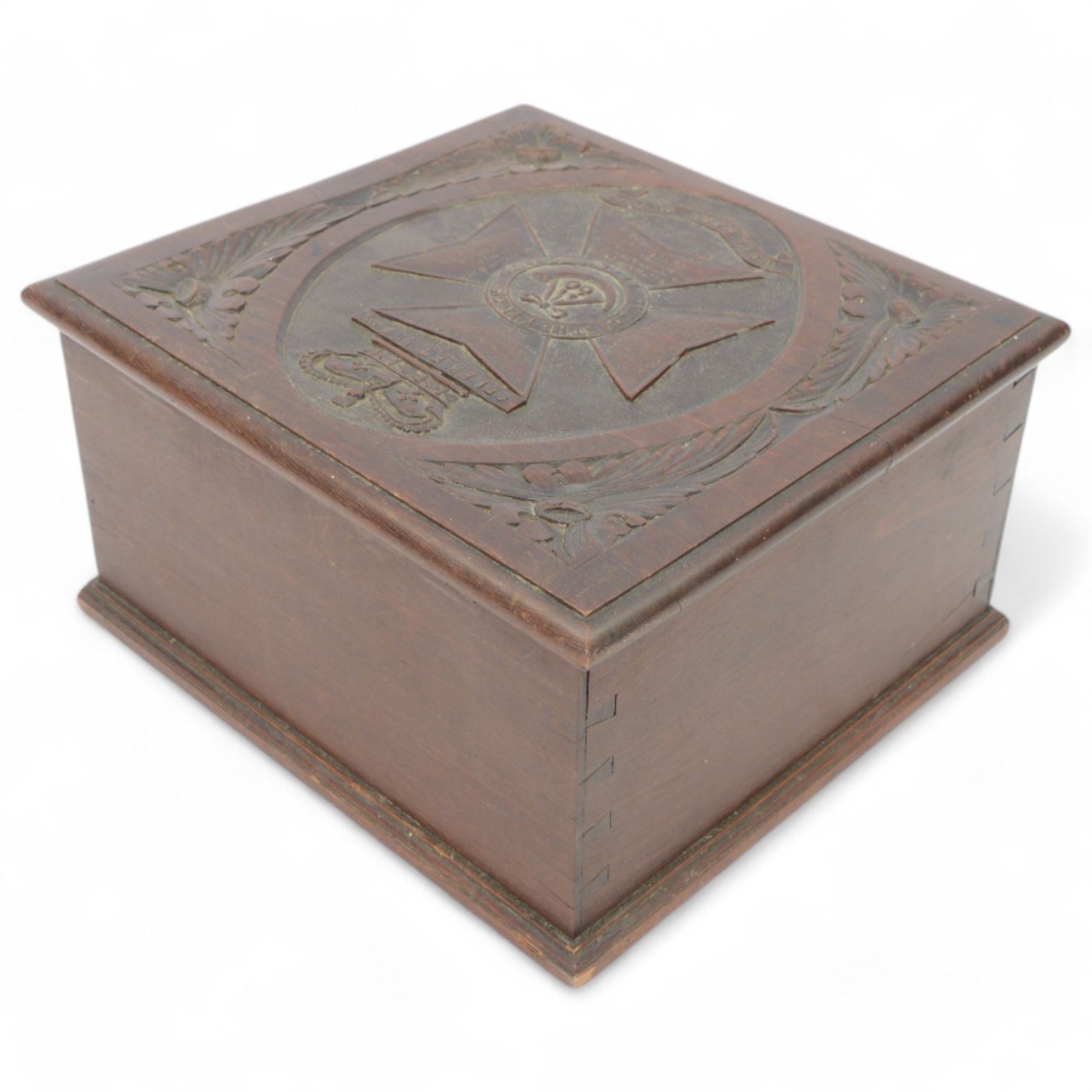 Carved oak box, with Kings Royal Rifle Corps decal to the hinged lid, H17cm