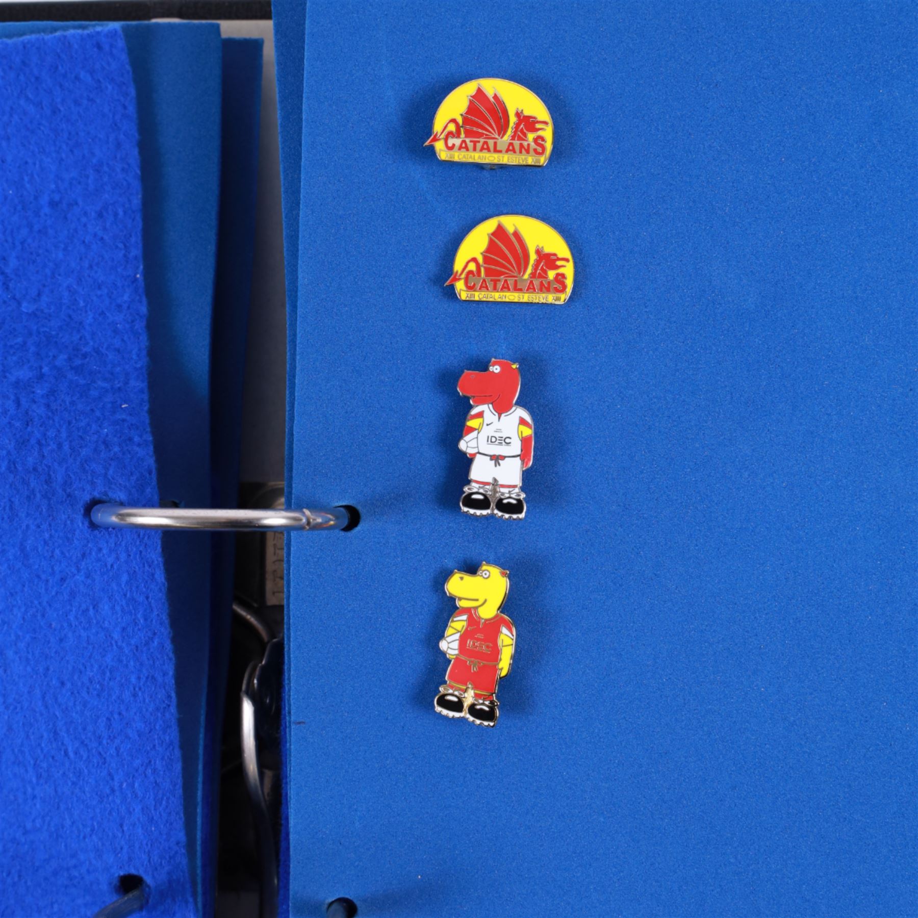 Rugby league enamel badge collection, from Barrow Raiders, Batley, Blackpool Panthers, Bradford Northern, Bradford Bulls, Bramley, Castleford, Catalan Dragons, Celtic Crusaders, Dewsbury Rams, Doncaster, Featherstone Rovers and Halifax, housed in two folders, (approximately 280)