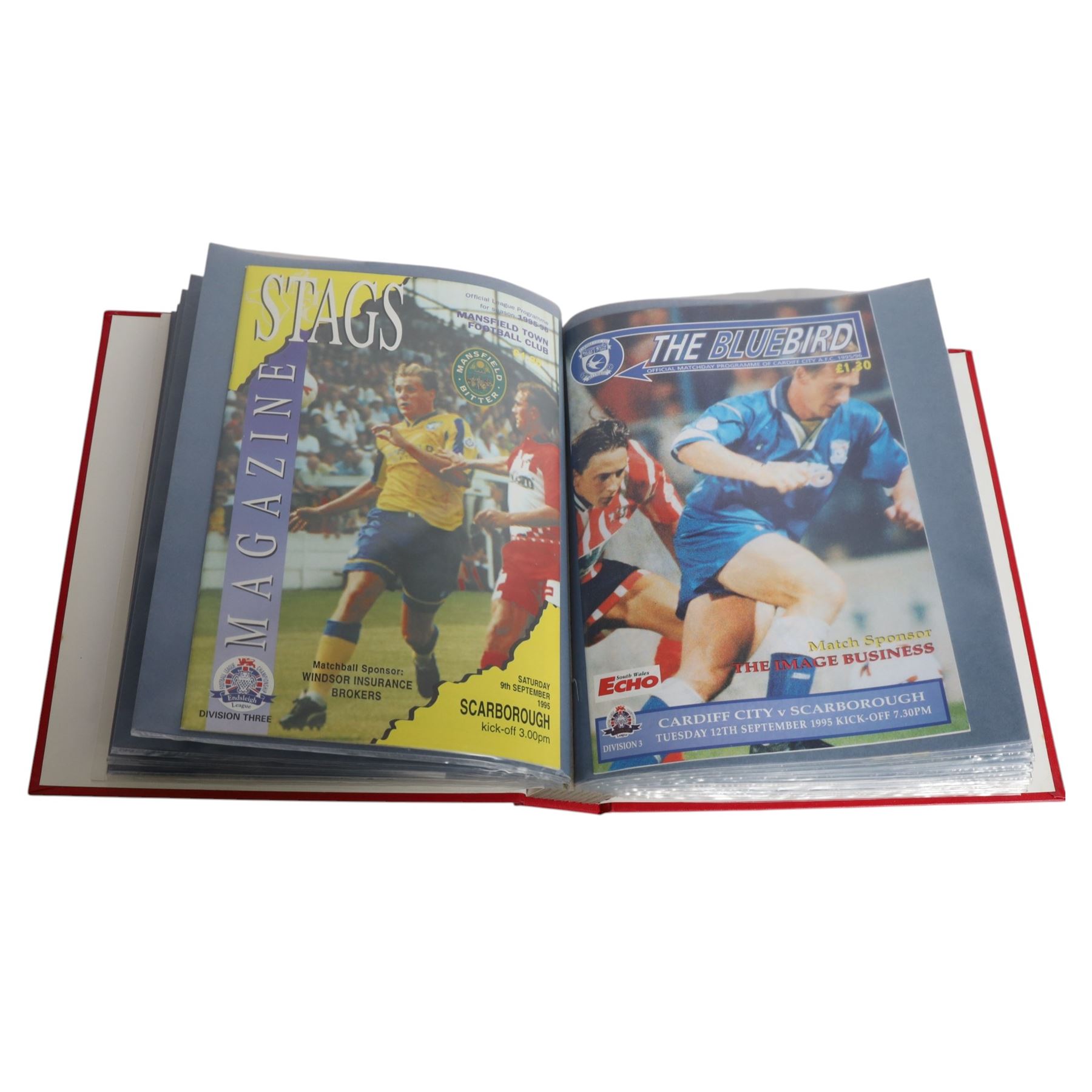 Comprehensive collection of approximately one-hundred and seventy Scarborough FC football programmes for the 1993/94, 1994/95 and 1995/96 seasons, all filed within six dedicated Scarborough FC red Home and Away binders