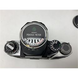 Asahi Pentax S1a camera body, serial no. 707071, with 'Super-Takumar 1:1.8/55' lens, serial no 2124044, together with Asahi Pentax Sv camera body, no. 1925617 with 'Super-Takumar 1:2/55' lens, serial no. 2770153, Asahi Pentax Meter, 'Super-Takumar 1:3.5/28' lens, serial no. 2075492 and 'Super-Takumar 1:4/150' lens, serial no. 1461613  