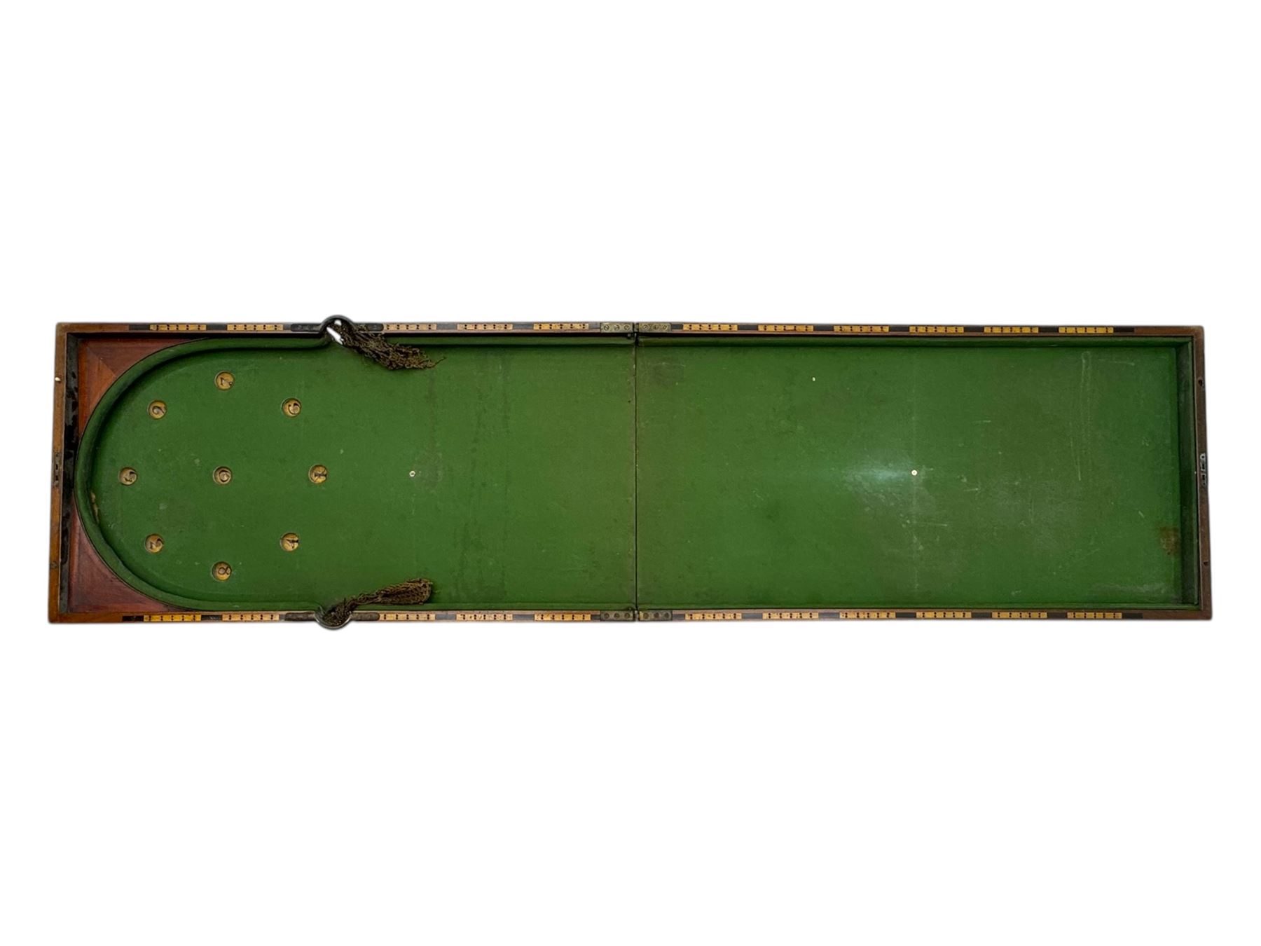 19th century mahogany cased bagatelle board, hinged case opening to reveal baize playing surface 