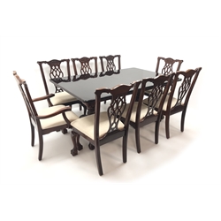  Queen Anne style twin pedestal rosewood extending dining table with two leaves (W229cm, H77cm, D107cm) and eight (6+2) Chippendale style chairs, upholstered seat, cabriole legs, ball and claw feet (W61cm)   
