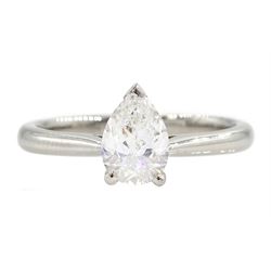 Platinum single stone pear cut diamond ring, hallmarked, diamond 0.90 carat, colour G, clarity SI1, with GIA laser registry
