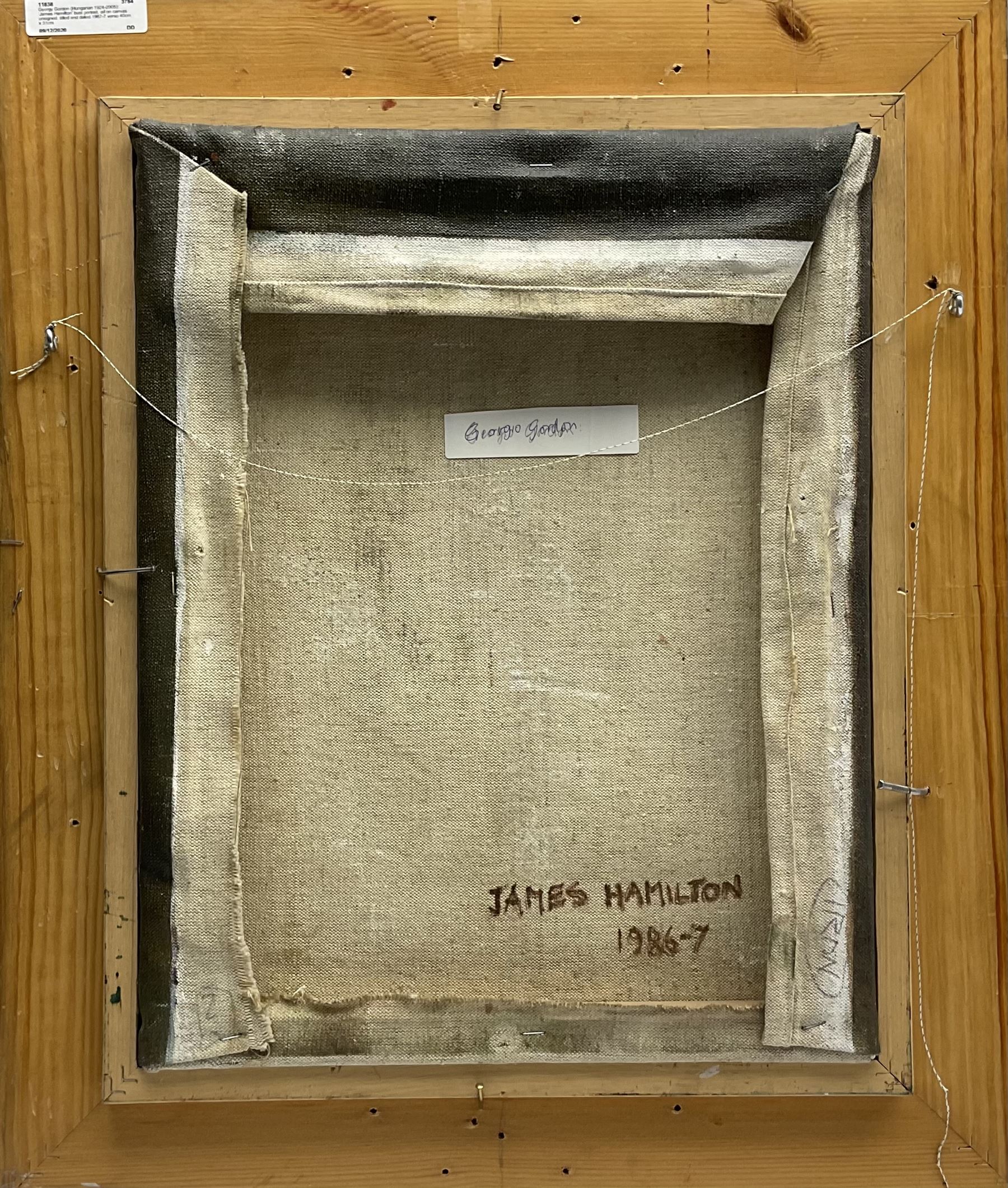 Gyorgy Gordon (Hungarian 1924-2005): 'James Hamilton' bust portrait, oil on canvas signed with initials and dated '86, titled and dated 1986-7 verso 40cm x 31cm
Provenance: purchased from the artist by the vendor