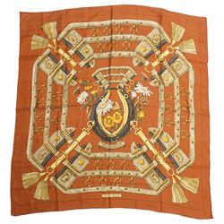 Hermes 'Aux Champs' silk scarf, in ochre and gold colourway, designed by Cathy Latham, 84cm x 86cm 