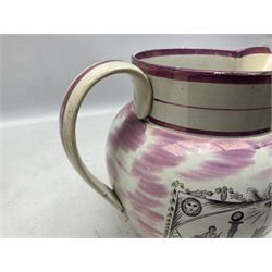 Early 20th century Sunderland lustre jug, decorated with transfer Masonic scene and poem 'The World is in Pain/Our Secrets to Gain/But Still Let Them Wonder and Gaze/The Never Can Divine/The World Nor The Sign/Of a Free and Accepted Mason', the reverse decorated with Sunderland River Wear cast iron bridge scene below text (a/f), together with a copper lustre jug, and pink lustre bowl, jug H20cm