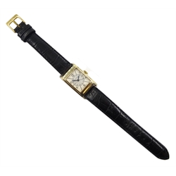 Longines gentleman's 9ct gold rectangular wristwatch No.5602173, manual wind and hinge back, London import marks 1937, on black leather strap
