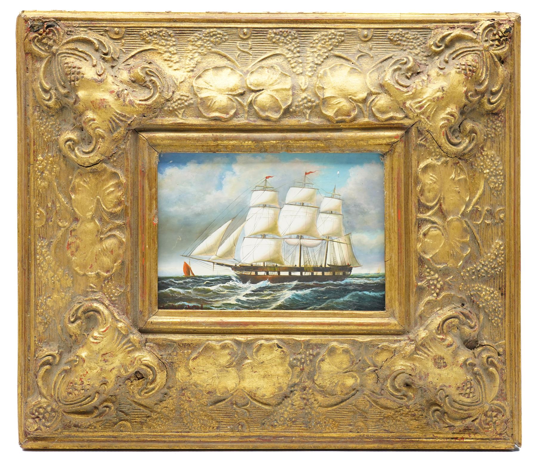 English School (20th century): Portait of a Boy with a Bat and a Ship Portrait, two oils on wood panel in matching gilt frames indistinctly signed 16cm x 11cm and 11cm x 16.5cm (2)
