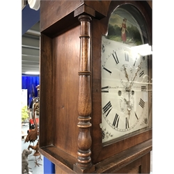  Early 19th century mahogany longcase clock, the stepped arched hood with two collar turned column supports, pointed arched trunk door, figured base, enamel dial painted with country scene and signed 'Dixon & Alexander, Hexham', twin train movement striking the hours on bell, H224cm  