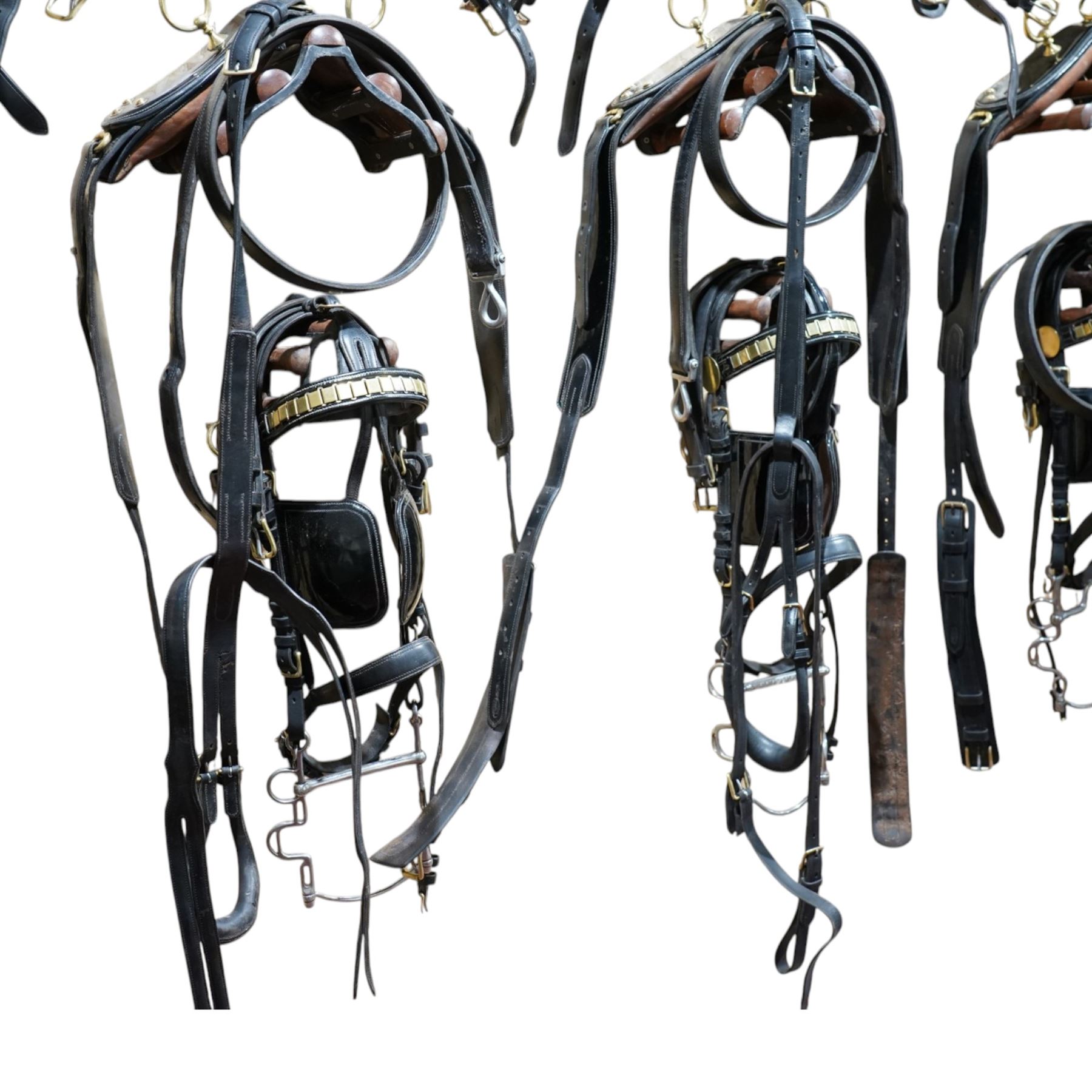 John McDonald - team set of black leather and brass harness, including four black patent leather collars (24