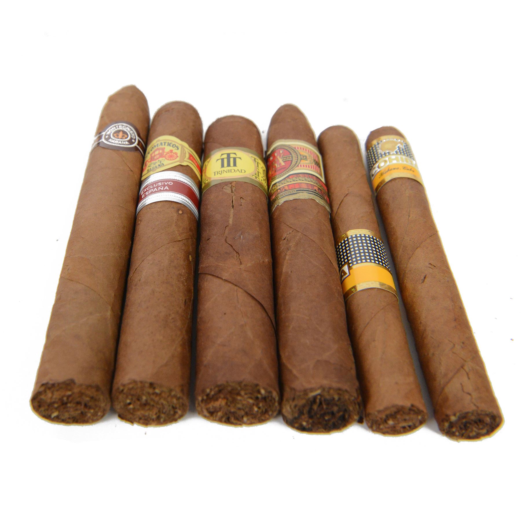 Collection of cigars, including Montecristo, Cohiba, Diplmaticos, and other cigars, within a Montecristo humidor