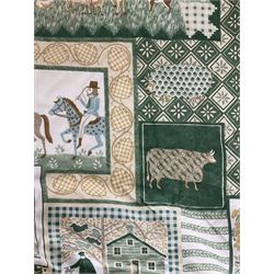 Pair of lined curtains in green ground fabric decorated with farming and hunting scenes (width at headers - W180cm, drop - 166cm); and another pair of lined curtains in fabric decorated with sheep (width at headers - 173cm, drop - 157cm); both with pleated pelmets