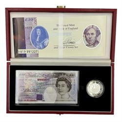 Three The Royal Mint and Bank of England silver proof five pound coin and banknote sets, comprising Kentfield ten pounds 'PW50' with 1998 five pound coin, Kentfield twenty pounds 'YR19' with 2000 five pound coin and Lowther twenty pounds 'YR20' with 2000 five pound coin, all cased with certificate