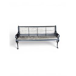 Victorian Andrew McLaren pattern cast iron bench, the ornate ends with detailed scrollwork, joined together with a cast iron seat and backrest frame supporting gently weathered oak slats, Victorian diamond stamp mark