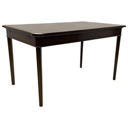 Regency design mahogany extending dining table, rectangular top with extending canted corners, pull-out action with additional leaf (84cm x 136cm - 182cm, H76cm); set of eight Regency design mahogany dining chairs with rope twist rails