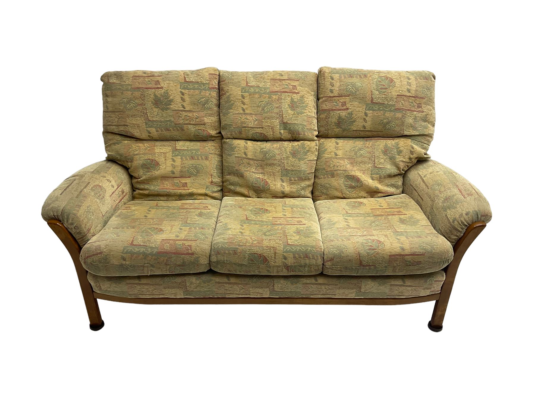 Mid20th century beech framed three seat sofa (W1180cm) and pair of