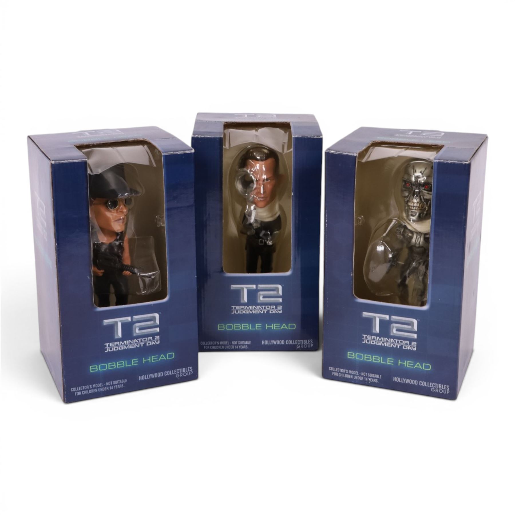 Three Hollywood Collectibles Terminator Judgement Day T-2 Bobble Heads, T-1000, Sarah Connor and Endoskeleton, all boxed