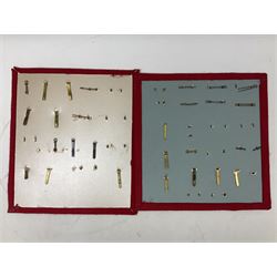 Forty glengarry and cap badges and shoulder titles including Gordon Highlanders, Canada and Canadian Field Artillery, New Zealand Field Artillery and Rifle Regiment, Shropshire Light Infantry, 14th/20th Kings Hussars, 17th Lancers, Northamptonshire Yeomanry, Royal Lincolnshire, Special Air Service, 19th Alexandra P.W.O. Hussars etc; mounted on two boards for display (2)