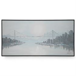 Lee Reynolds (American 1936-2018): Cityscape - Staten Island New York, oil on canvas signed 75cm x 150cm