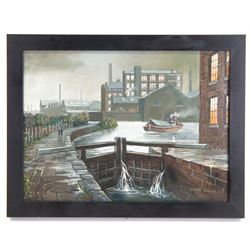 Steven Scholes (Northern British 1952-): 'The Rochdale Canal - Dale St Basin - Manchester 1962', oil on canvas signed, titled verso 29cm x 39cm