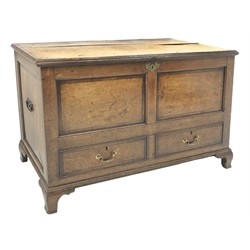 Early 19th century oak and mahogany banded mule chest, paneled front and sides, two false drawers to front, on ogee bracket feet, fitted with wrought metal carrying handles, W126cm, H76cm, D54cm