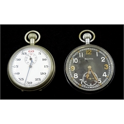 Military WWII chrome pocket watch by Helvetia 'General Watch Co', snap back case stamped GS/TP P62205 and a military issue stop watch back case stamped PATT. 3169 1147 