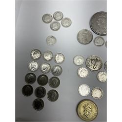 Mostly Great British coins including Queen Victoria 1890 crown and 1890 shilling, various pre 1947 and pre 1920 silver threepence pieces etc