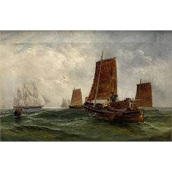 Robert Jobling (Staithes Group 1841-1923): Berwick Fishing Boats at Sea with Tall Masted Ship in the distance, oil on canavs signed and dated 1878, 29cm x 45cm