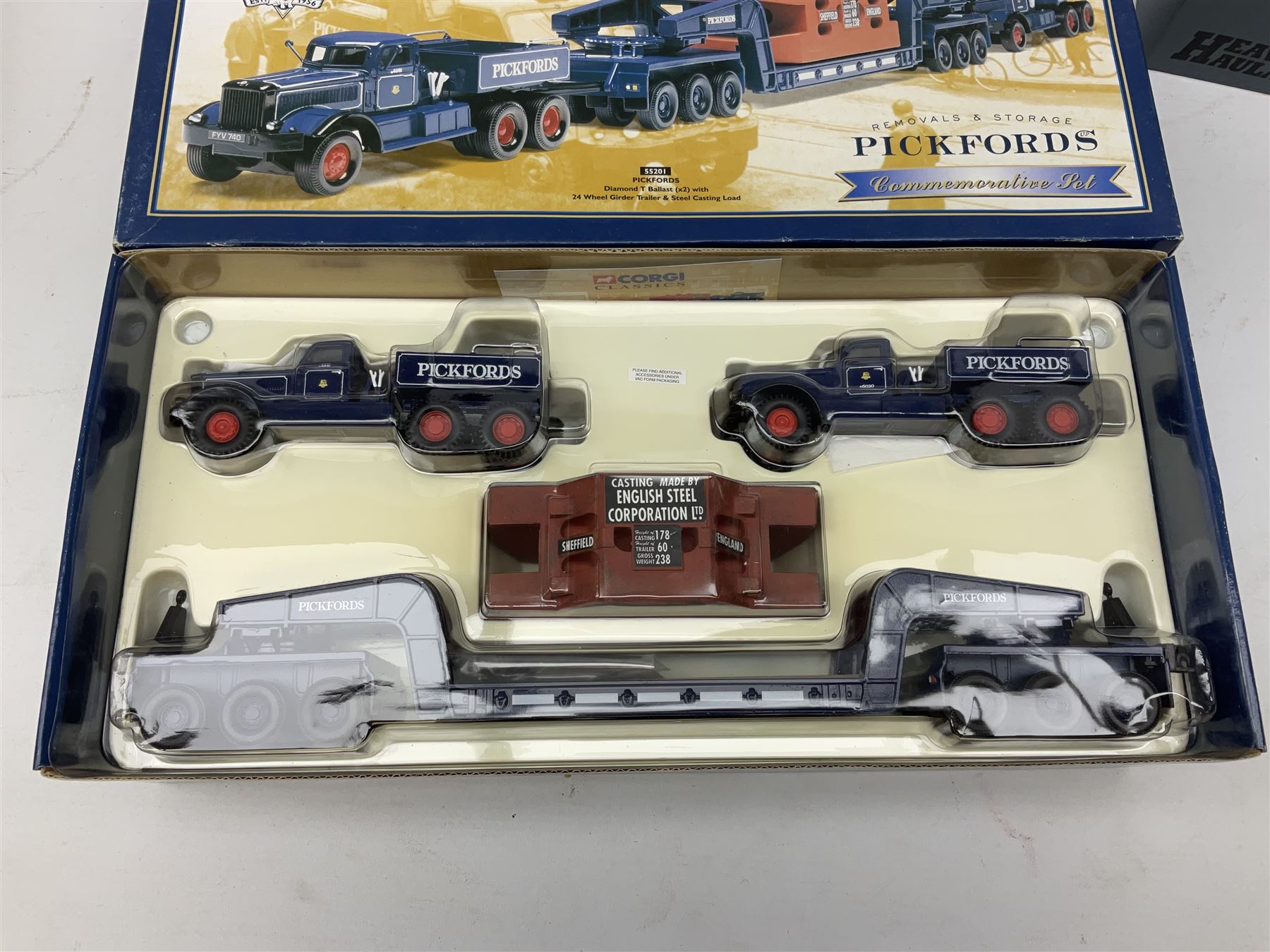 Corgi - Modern Trucks Series No.75401 Leyland Daf Curtainside James Irlam & Sons Ltd in perspex case; Classics Heavy Haulage No.17601 Scammell Constructor and 24 wheel low loader, boxed with certificate 01254/6800; and limited edition Classics No.55201 Pickfords Diamond T Ballast (x2) with 24 wheel Girder Trailer and Steel Casting Load, boxed with certificate 05318/8200. (3)