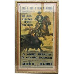 Plaza de Toros de Palma de Mallorca, original bull fighting poster, dated 18th June 1967, 97cm x 54cm, framed and glazed
