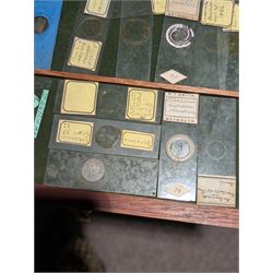 Victorian collector's specimen cabinet, containing a number of prepared microscope slides including miniature photographs, animal and human pathological, physiological and histological specimens and botanical specimens, mostly annotated in ink, the cabinet with glazed door, the drawers with bone handles and lined with green felt, owned by Dr Arthur Bristow, together with a picture of the doctor, cabinet H43cm