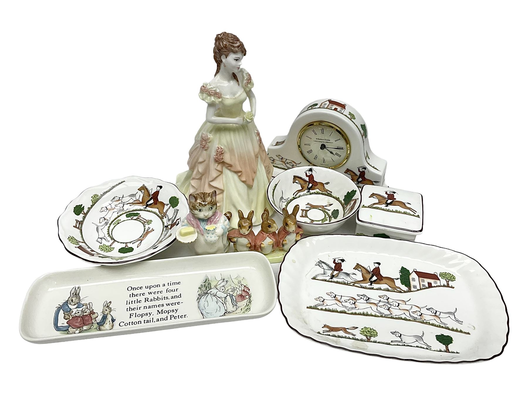 Collection of ceramics including Wedgwood Hunting Scenes clock, trinket box and other items, Coalport Karen and Beatrix potter figures and dish 
