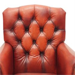 Laura Ashely - Georgian design Chesterfield style armchair, upholstered in back-buttoned crimson leather, on turned front supports