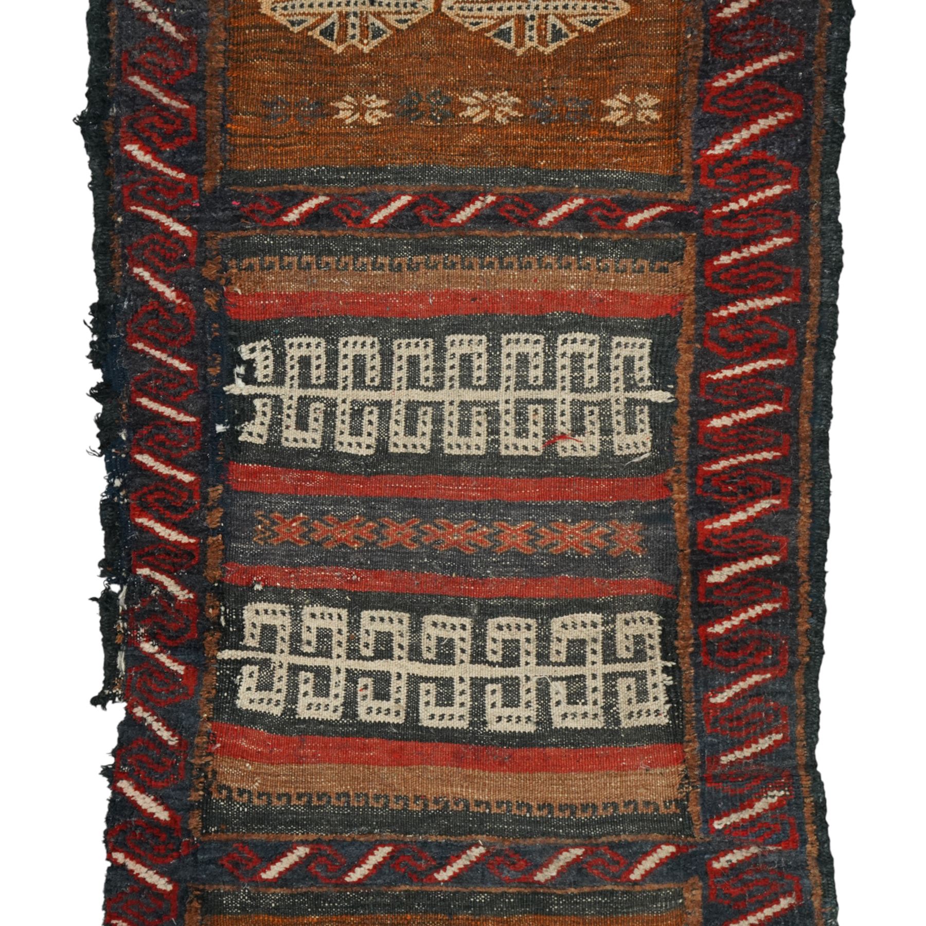 Group of four late 20th century wool kilim rugs, comprising a narrow tribal runner with stylised tree motifs and hooked guard bands (H 180cm, W 56cm), a lozenge medallion rug with decorative striped ends (H 125cm, W 75cm), a red and blue kilim with trefoil repeat field and multicoloured border bands (H 187cm, W 98cm), and a wide horizontal striped example with alternating lozenge and linear motif rows (H 260cm, W 173cm)