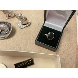 Pair of silver knife rests, two silver handled butter knives and a silver handled button hook, all hallmarked, together with a silver onyx pendant and ring, white metal figures and coins etc 