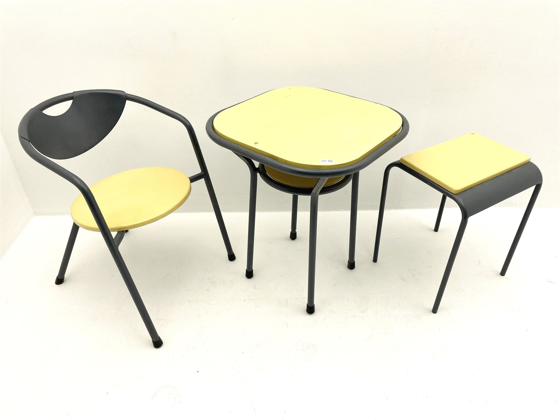 Grey painted metal and pale yellow painted wood bistro set, table with under tier, small side table, armchair 