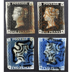  Two Queen Victoria 1d black stamps, both with red MX cancel and two 1840 2d blue stamps  