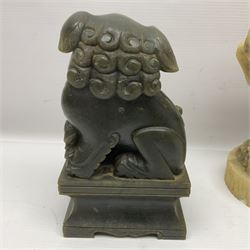 Oriental hardstone carvings, including Foo dog on plinth, rearing horse, Tang horse on wooden plinth etc 