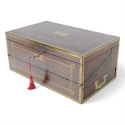 19th century brass bound mahogany writing slope with twin drop carry handles to sides, the hinged cover opening to reveal a  gilt tooled burgundy leather slope and compartmented interior, H22xm W50.5cm D30cm