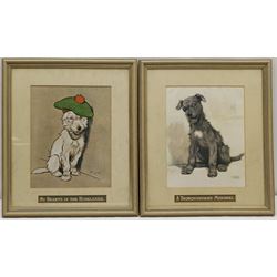 After Cecil Aldin (British 1870-1935): 'Rook Shooting at Dingley Dell', chromolithograph from the 'Pictures from Pickwick' series pub. Lawrence and Jellicoe 29cm x 39cm; 'Trouble Ahead', chromolithograph pub. Lawrence and Jellicoe 29cm x 36cm; 'My Heart's in the Highlands' and 'A Thoroughbred Mongrel', pair reproduction prints 25cm x 19cm (4)