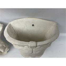 Pair of concrete wall planters in the form of a medieval King and Queen, painted white, L28cm