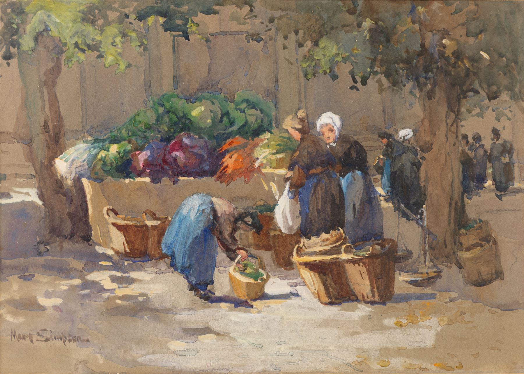 Mary Goudie Simpson (British 1869-1934): 'Vegetable Stall - Bruges', gouache signed, titled verso; Jean Fletcher (British 20th Century): 'St Anne's Square', mixed media signed and dated '95; together with two still lifes, oils on board signed K T and L I Warburton one dated 1906 max 45cm x 45cm (4)