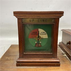 Railway signal boxes, mounted on plinth, with railway block indicators for Up Line and Down Line, having an electromagnetic indicator showing 'Train on Line' 'Line Clear' and 'Line Blocked', and brass signal bell to the centre, L100cm