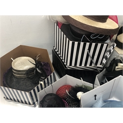  Millinery: large collection of ladies formal hats & and fascinators with a collection of hat boxes & a grey felt top hat labelled Tress & Co. London  