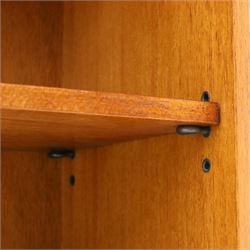 Contemporary mahogany and yew wood open bookcase, dentil cornice above two adjustable shelves, shaped apron and bracket feet 