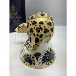 Royal Crown Derby paperweight, Endangered Species, Savannah Leopard, Sinclairs exclusive commission, limited edition, gold stopper, with box