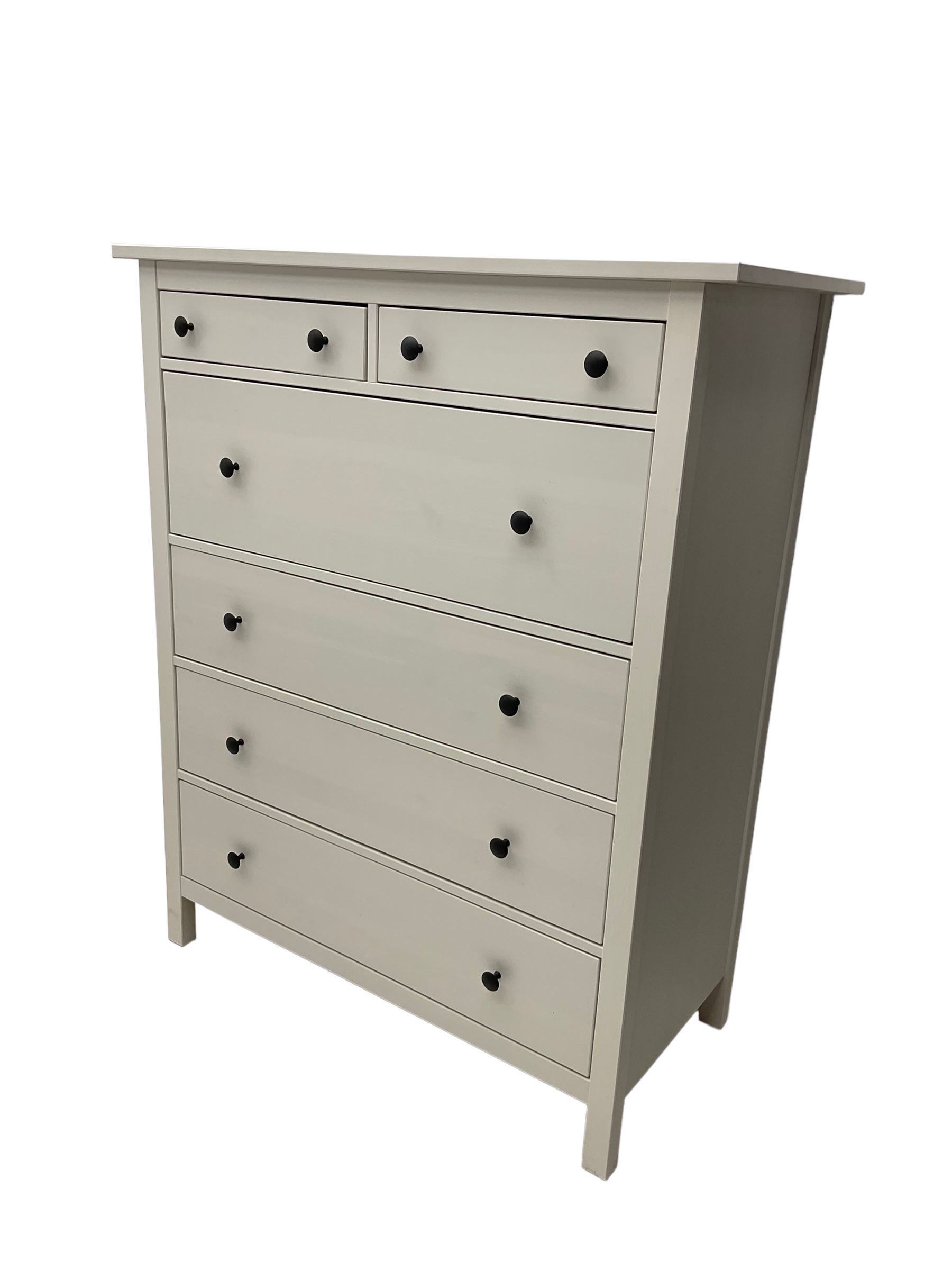 IKEA - 'Hemnes' white finish straight-front chest, fitted with two short and four long drawers; and IKEA - 'Hemnes' pair white finish bedside chests, fitted with two drawers