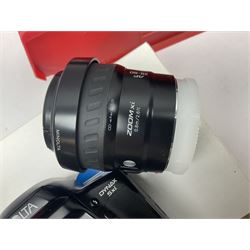 Minolta Dynax 5xi camera body serial no 17222646 with 'AF Zoom Xi 28-80mm 1:4(22)-56' lens serial no 17220881, Minolta SRT101 camera body serial 1944687, Lumix camera body serial no K6SC10168 etc 