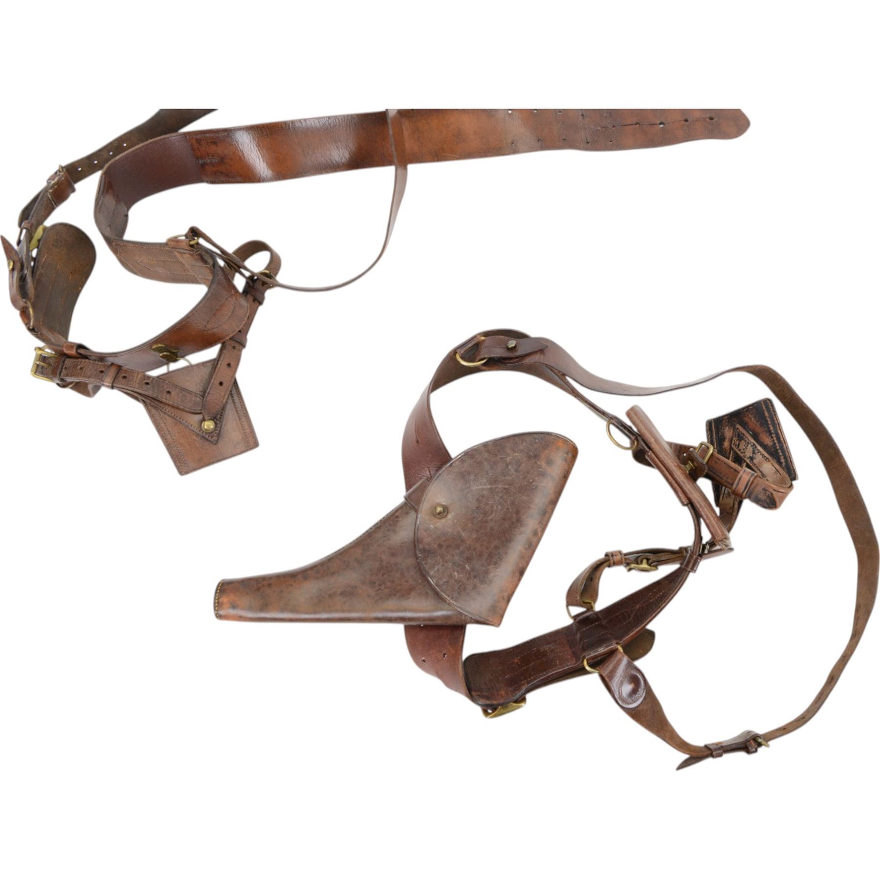 Officer's Sam Browne brown leather belt, with ammunition patch and pistol holder, together with another belt with sword frog