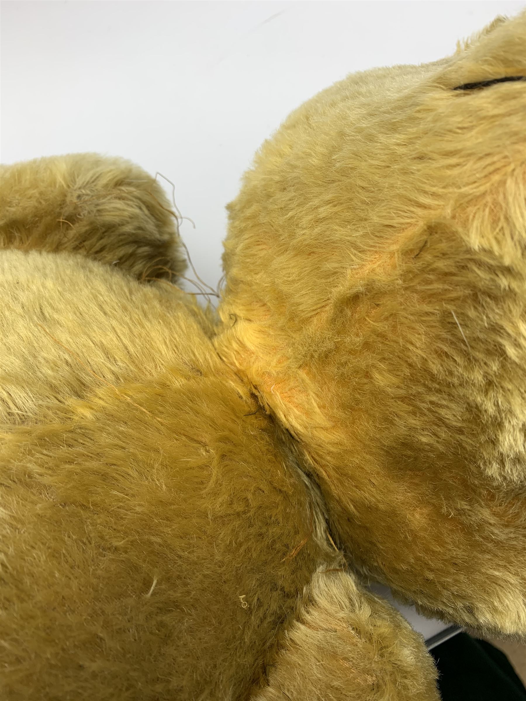 Very large Irish Tara bear c1950s with plush covered body, swivel jointed head with glass eyes and vertically stitched nose and mouth, jointed limbs with rexine pads and growler mechanism H37